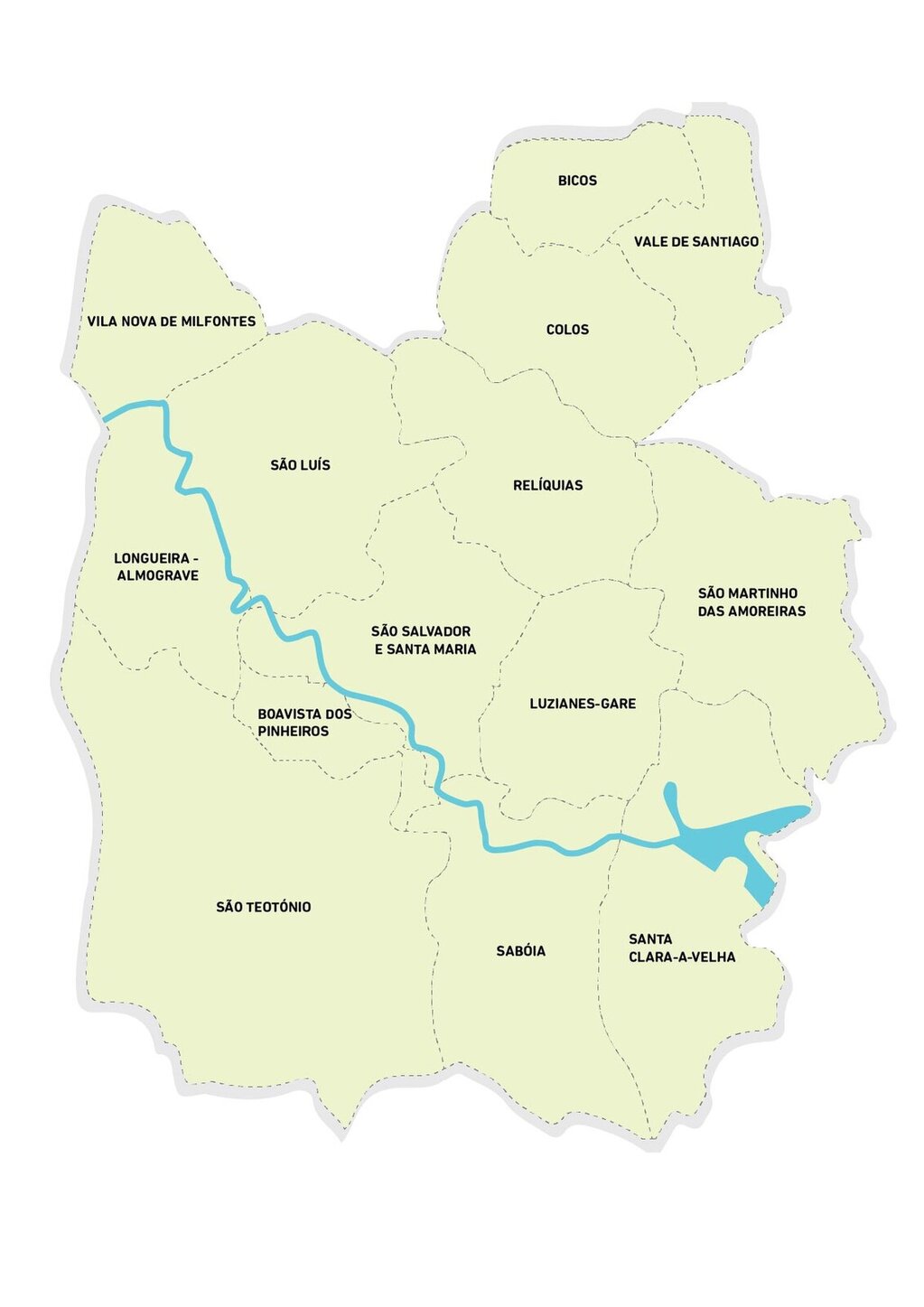 Mapa do concelho de Odemira, com identifica&ccedil;&atilde;o das 14 freguesias